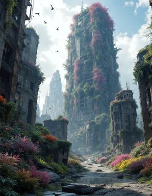 Primary subject: A large, pink, flower-covered tower with a castle-like appearance.

Setting/background: The tower is surrounded by a lush, green garden with a dirt road leading to it.

Visual style: The image is a digital art piece, featuring a futuristic cityscape with a mix of natural elements.

Colors and mood: The dominant colors are pink and green, creating a serene and whimsical atmosphere.
